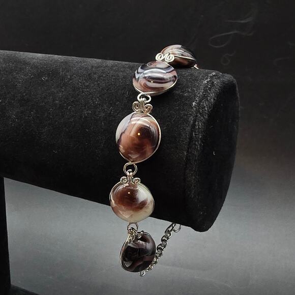 Purple Marbled Glass Bracelet Silver Tone Artisan - Picture 2 of 8